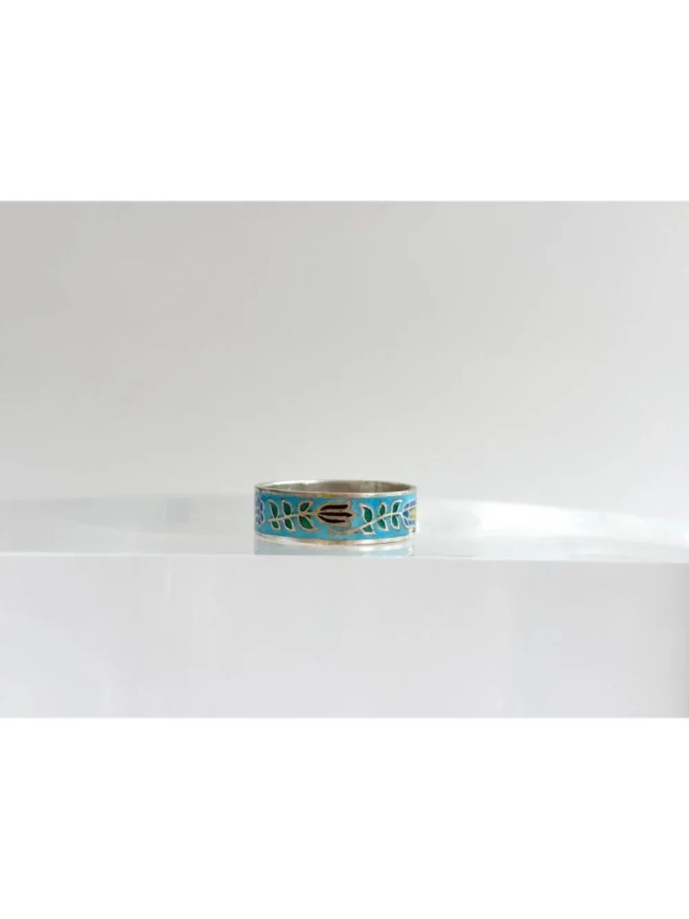 Cloissone Enameled Floral Thailand Made Sterling Silver 925 Vintage Ring - sz 7